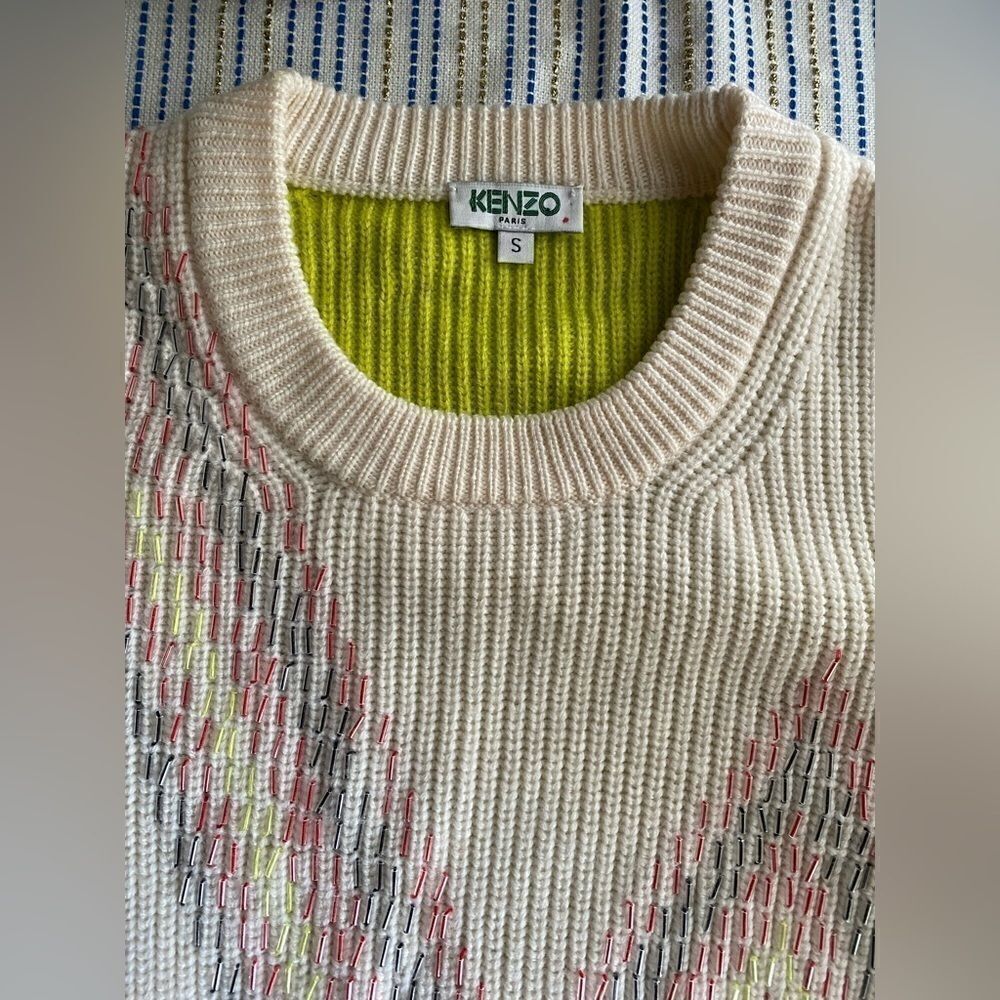 KENZO   Sweater Womens Sz S Beige Wool Embroidered Multicolor  zig zag lines - Picture 5 of 12
